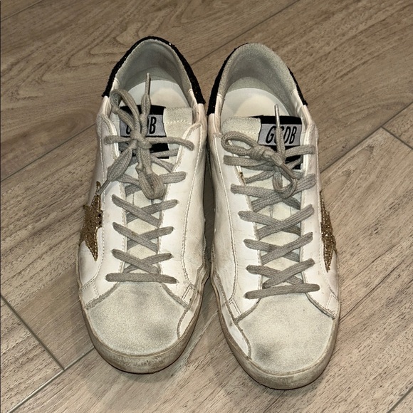 Golden Goose White Sneakers with Gold Star and Black Glitter Heel Tab Size 39 - Picture 3 of 14